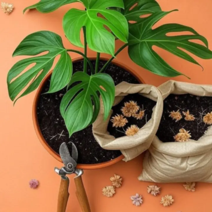 Płaski układ bestsellerowych produktów - bukiety kwiatów, doniczki i akcesoria ogrodnicze