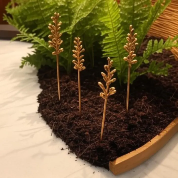 Mosiężne etykiety do roślin i naturalne podpory wiklinowe