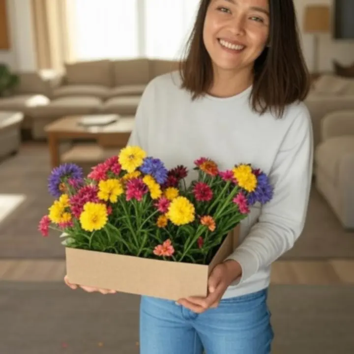 Szczęśliwy klient rozpakowujący dostawę kwiatów