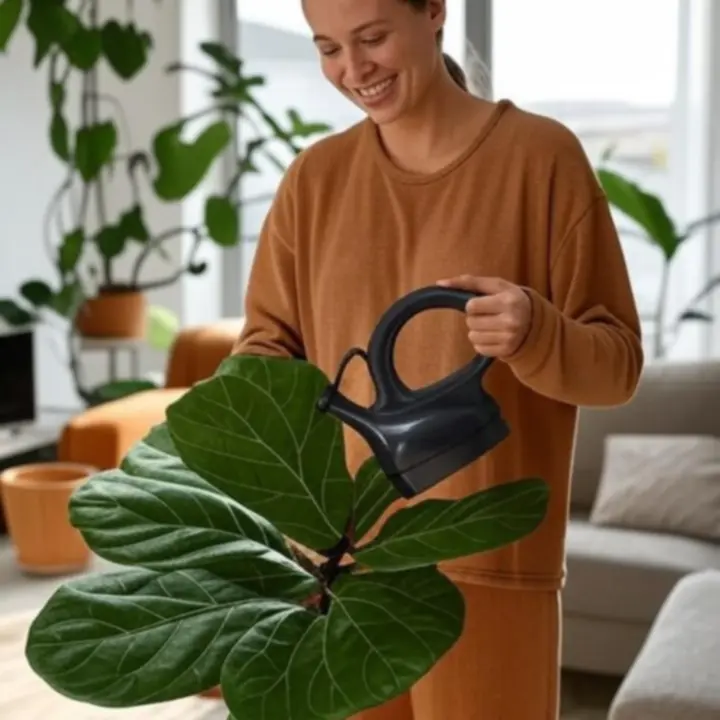 Stylowy salon w stylu urban jungle z licznymi roślinami doniczkowymi