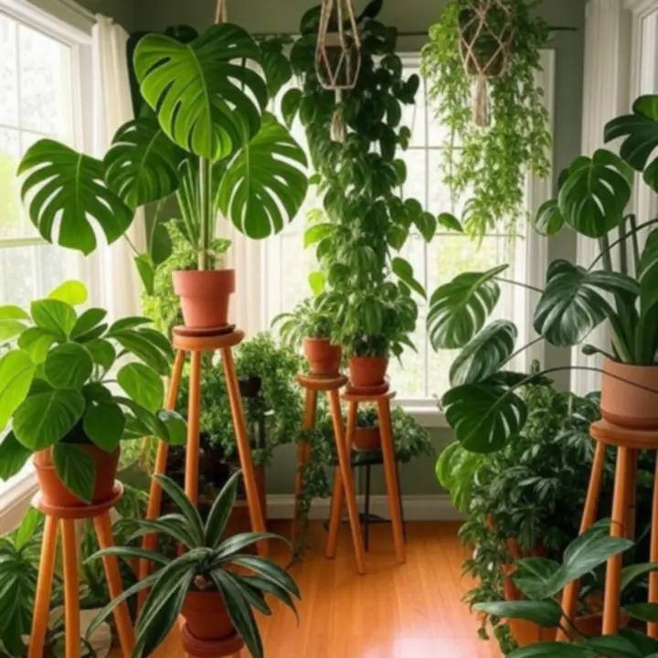 Luksusowe wnętrze wypełnione egzotycznymi roślinami doniczkowymi w stylu botanicznym