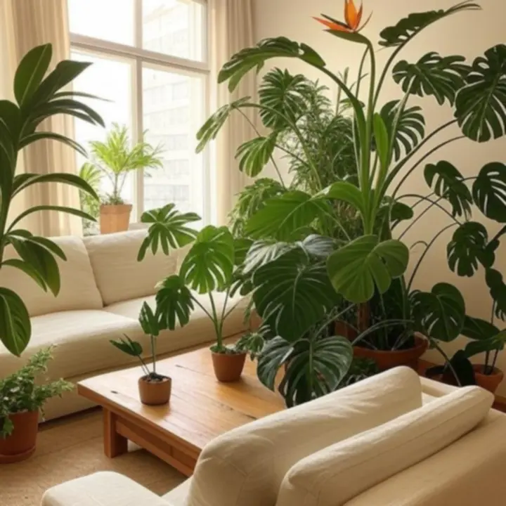 Przestronne wnętrze salonu wypełnione zielonymi roślinami doniczkowymi